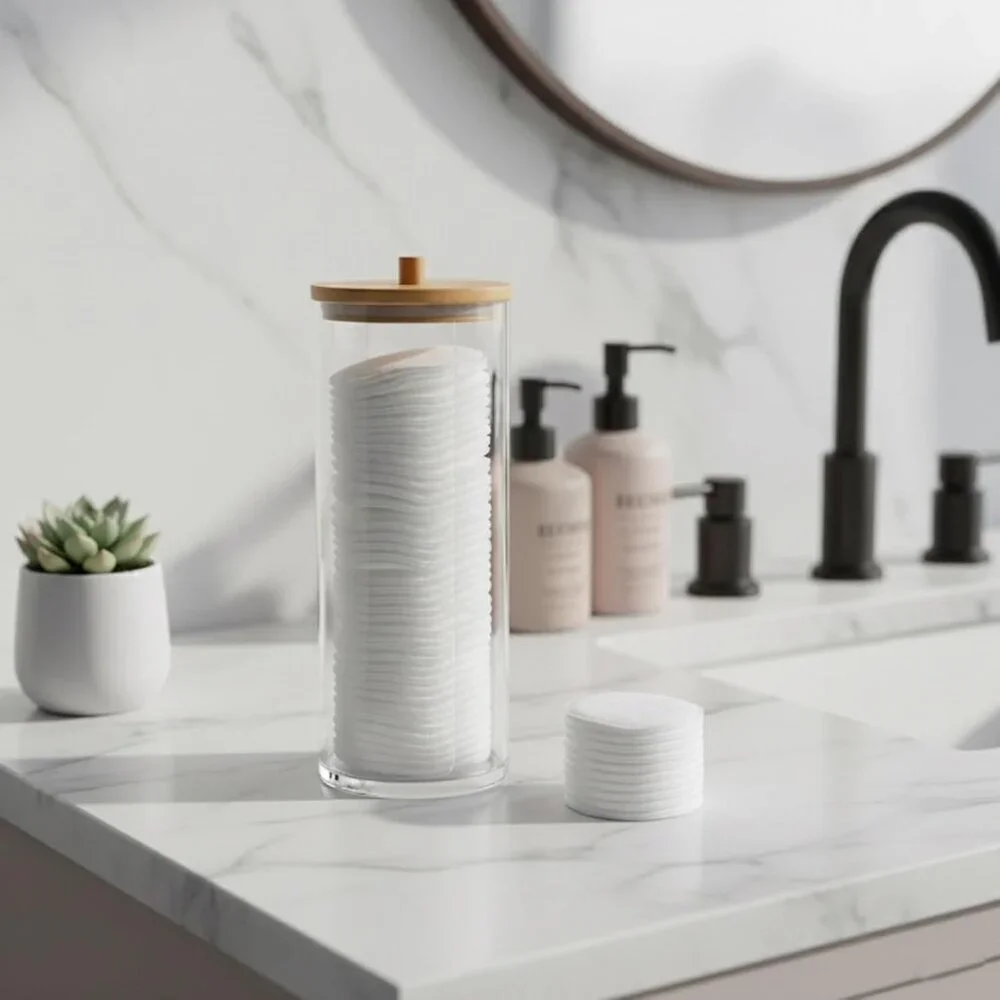 *3 FOR $9*NEW Garrelett Cotton Round Acrylic Bamboo Lid Clear Bathroom Dispenser